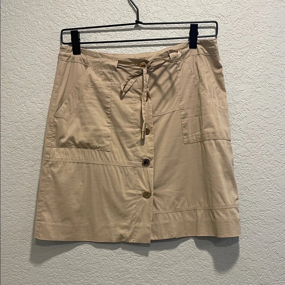 Tory Burch Khaki Mini Skirt Gold Button Front Belted Size 0 Preppy Classic